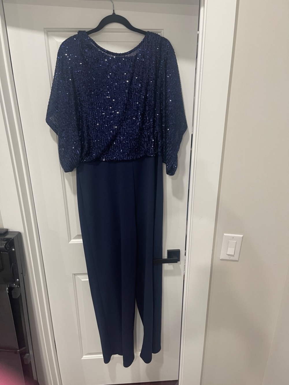 MARINA Navy Sequin Bodice Wide-Leg Jumpsuit